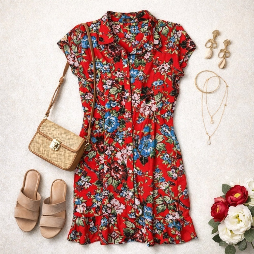 Women's City Streets Red Tropical Button Down Dress Short Sleeve Size Medium